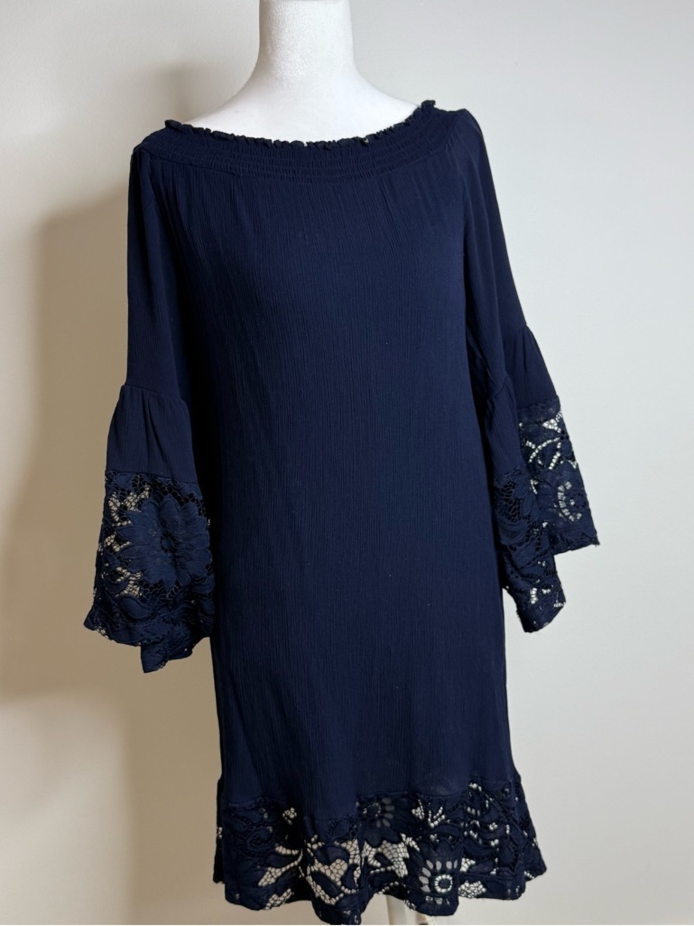 Navy Lace Trim Shift Dress